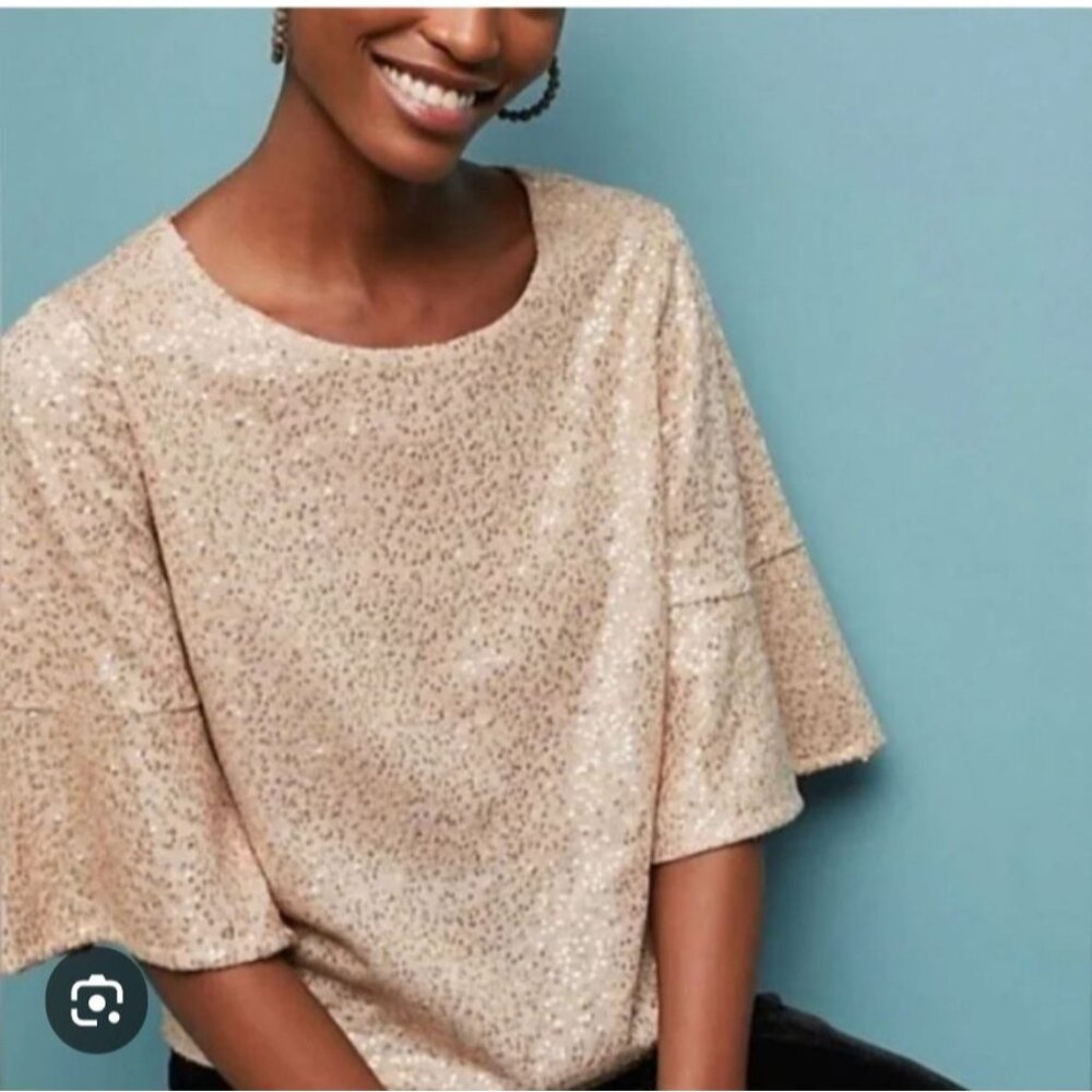Anthropologie Reath & Wren Top S Champagne Gold Sequin Boxy Flutter Sleeve NEW - Picture 1 of 10